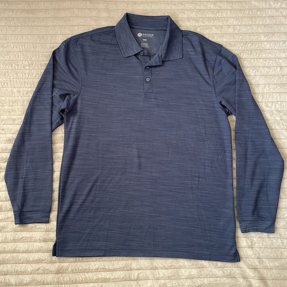 Men's Haggar Polo Shirt Long Sleeve Heather Blue Medium Button Texture Rugby